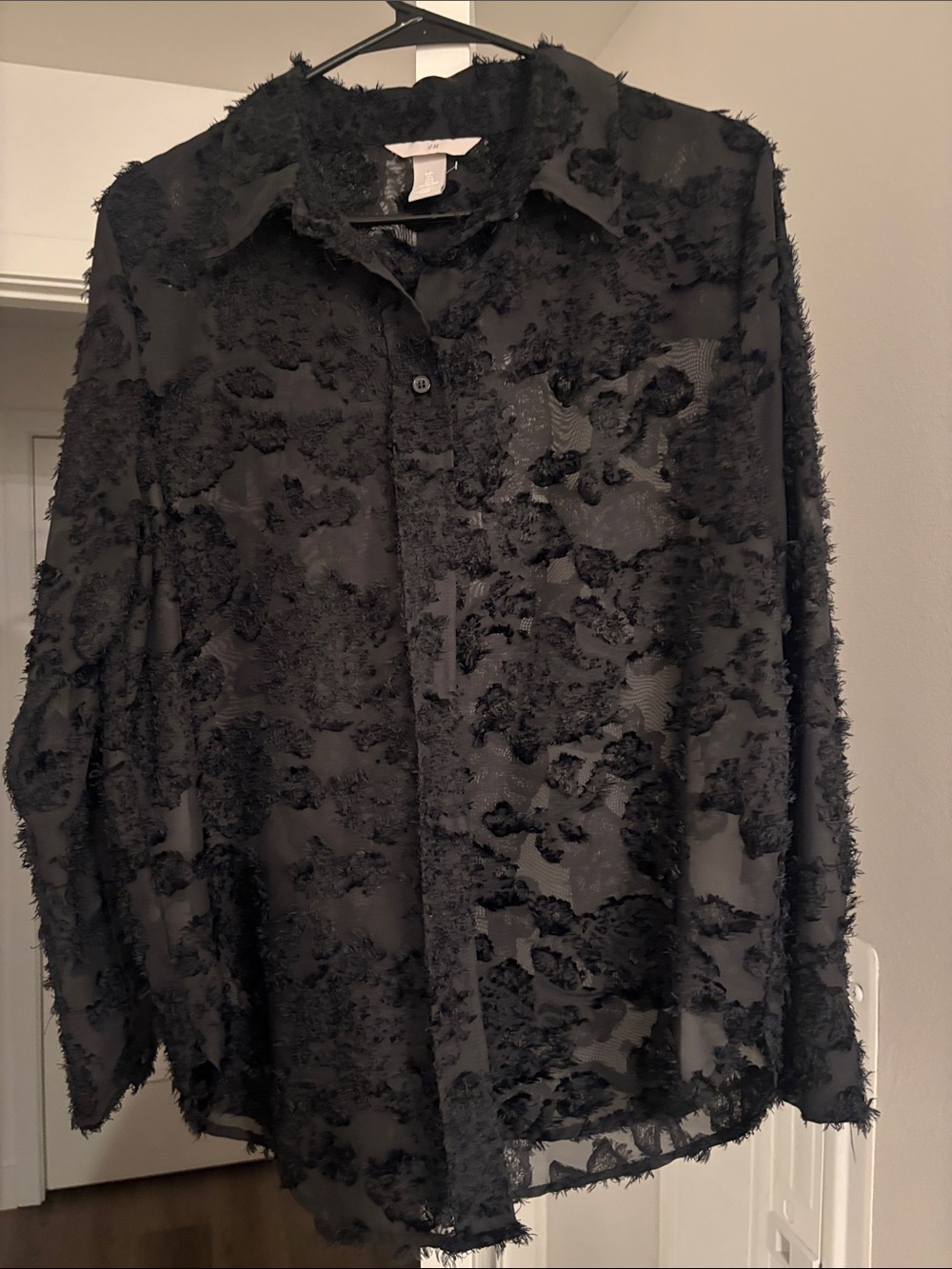 H&M Black Textured Sheer Button-Down Shirt